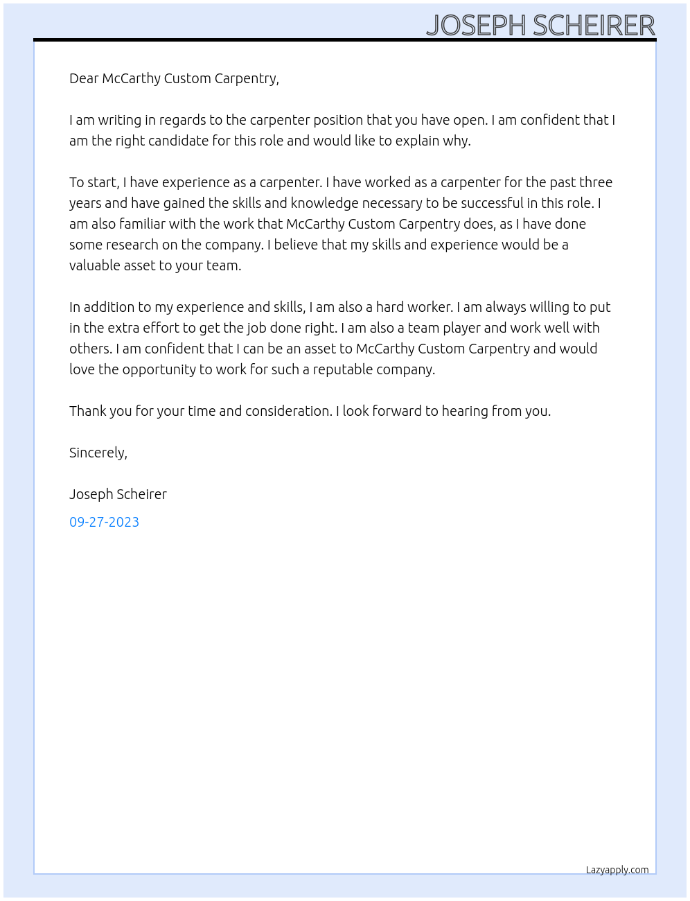 Carpenter At McCarthy Custom Carpentry Cover Letter