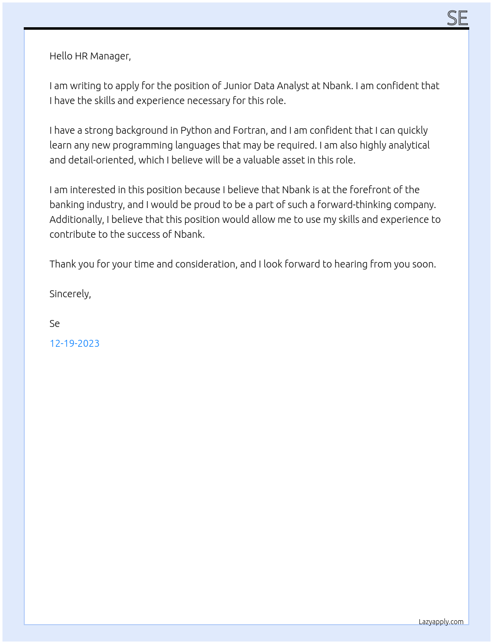 Junior data analyst At Nbank Cover Letter