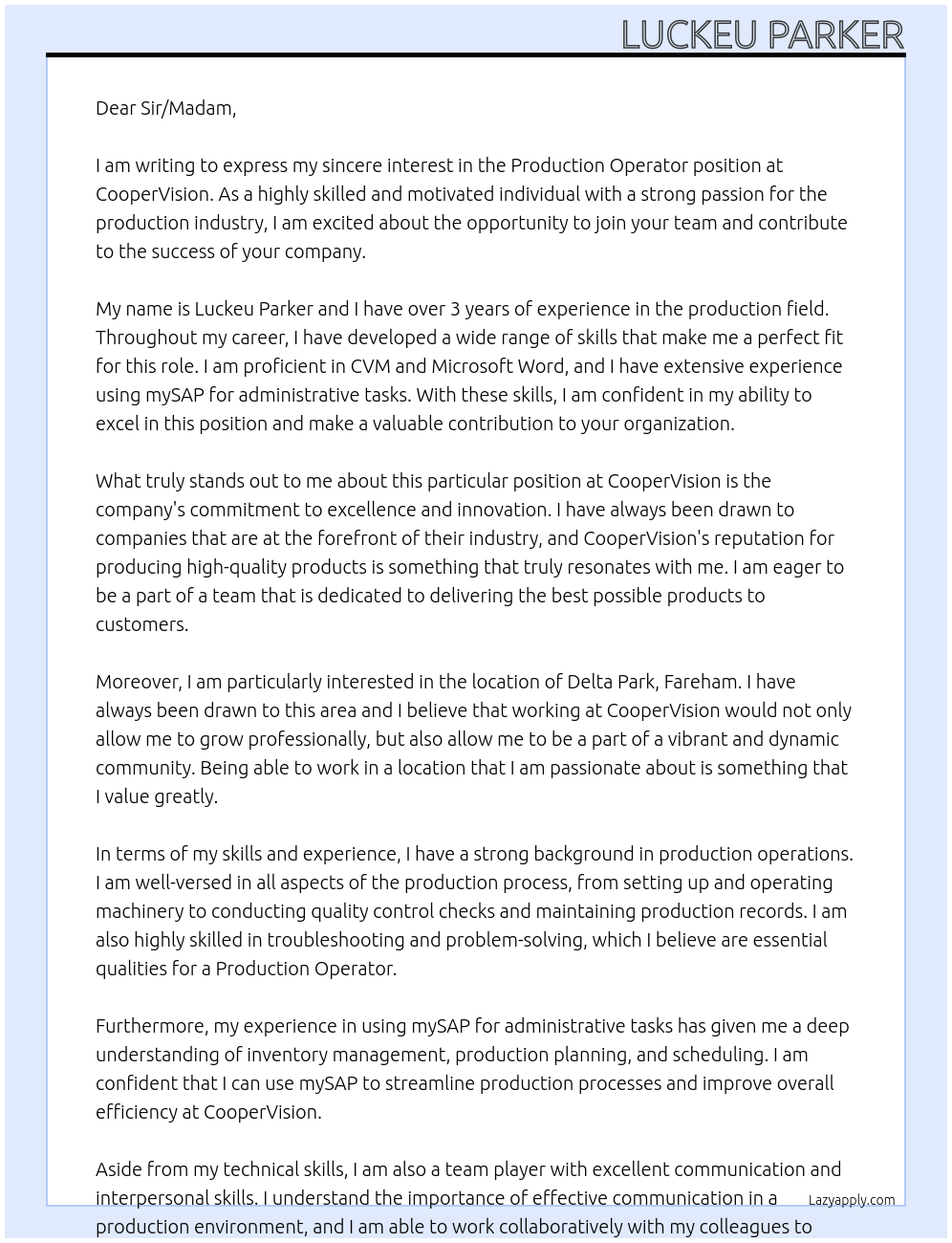 Production Operator At CooperVision Cover Letter