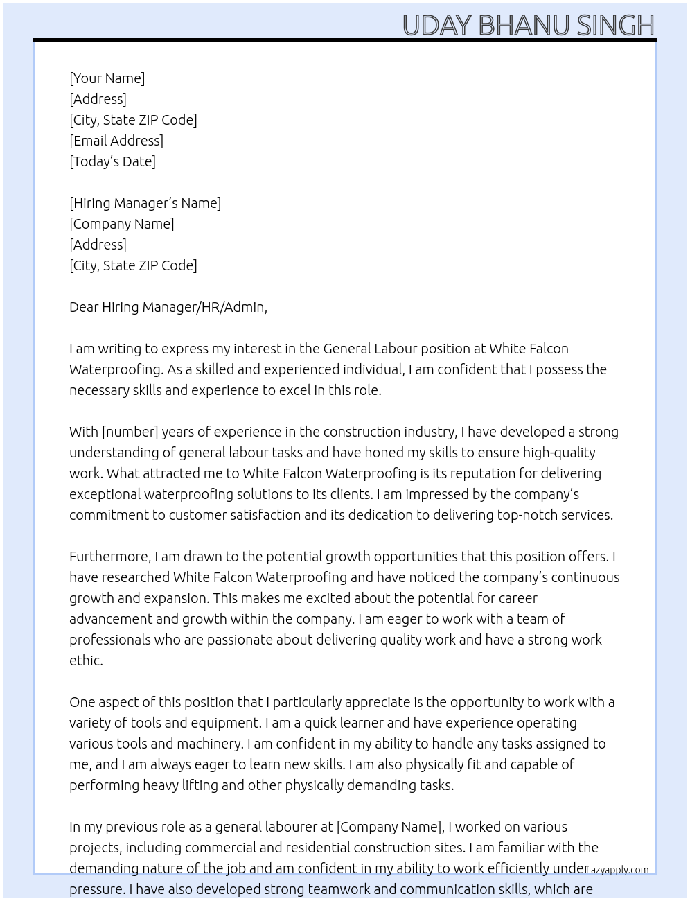 General Labour At White Falcon Waterproofing Cover Letter