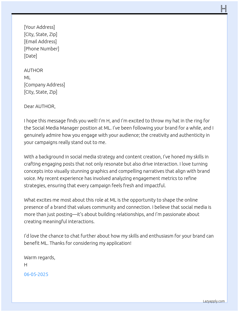 Social Media Manager At ML Cover Letter