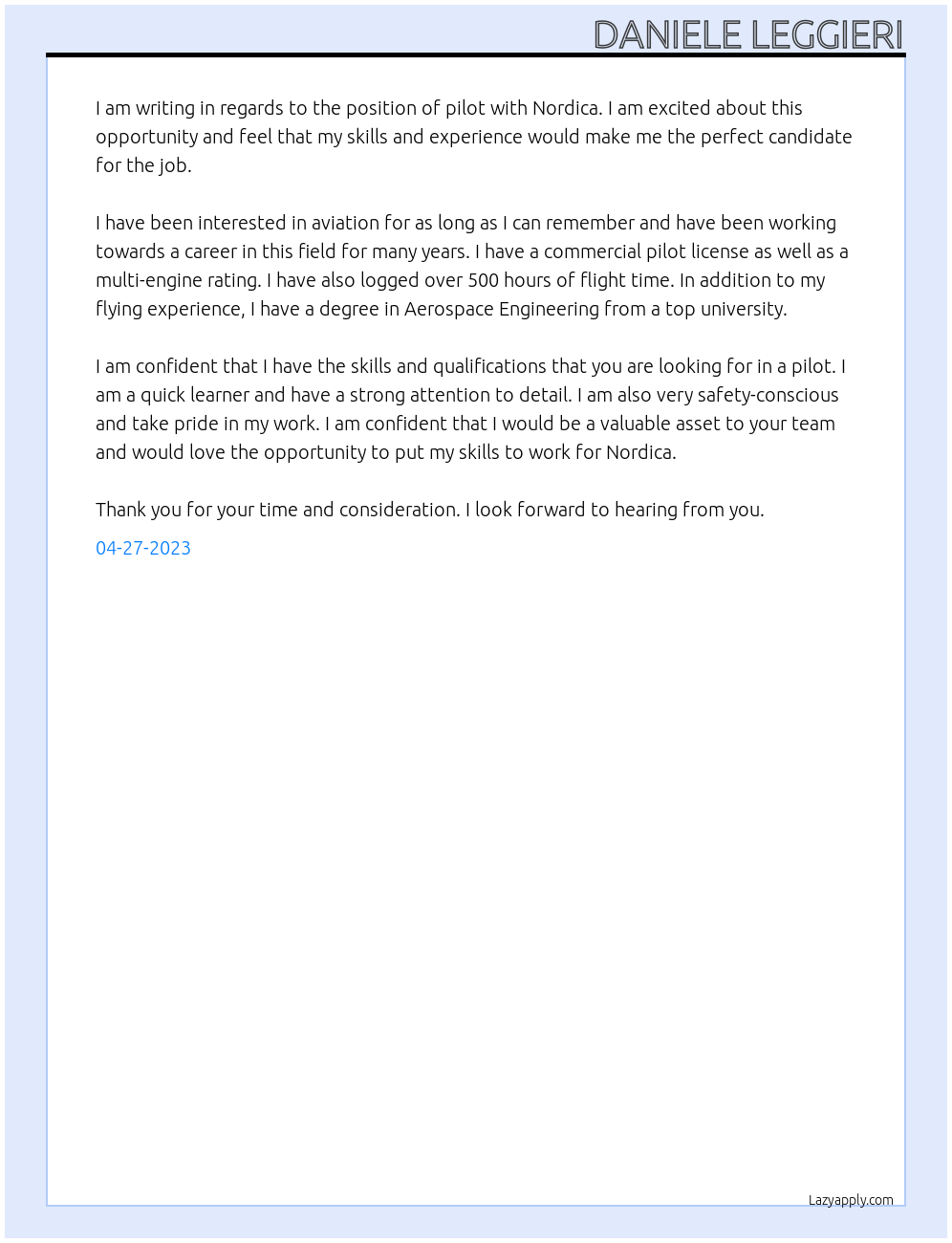 Pilot At Nordica Cover Letter