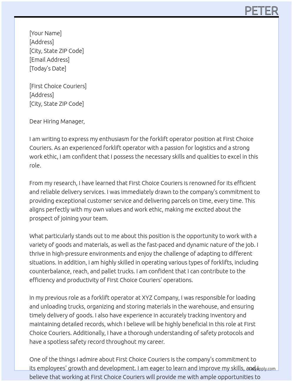 forklift operator  At First Choice Couriers Cover Letter