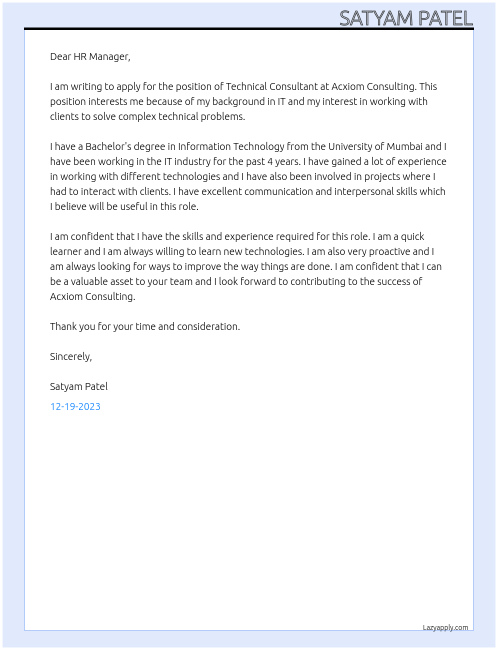 Technical consultant At Acxiom Consulting Cover Letter