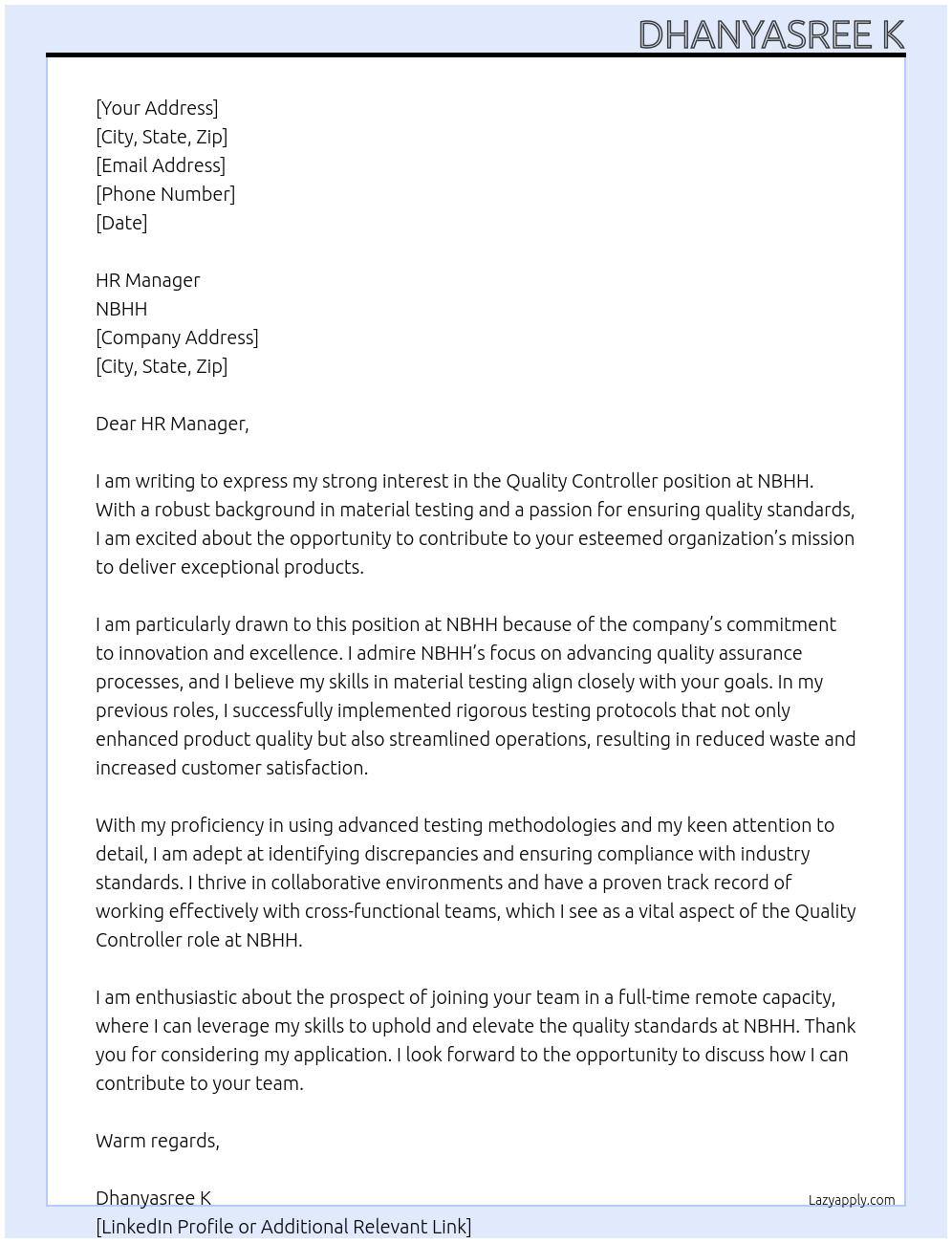 Quality Controller At NBHH Cover Letter