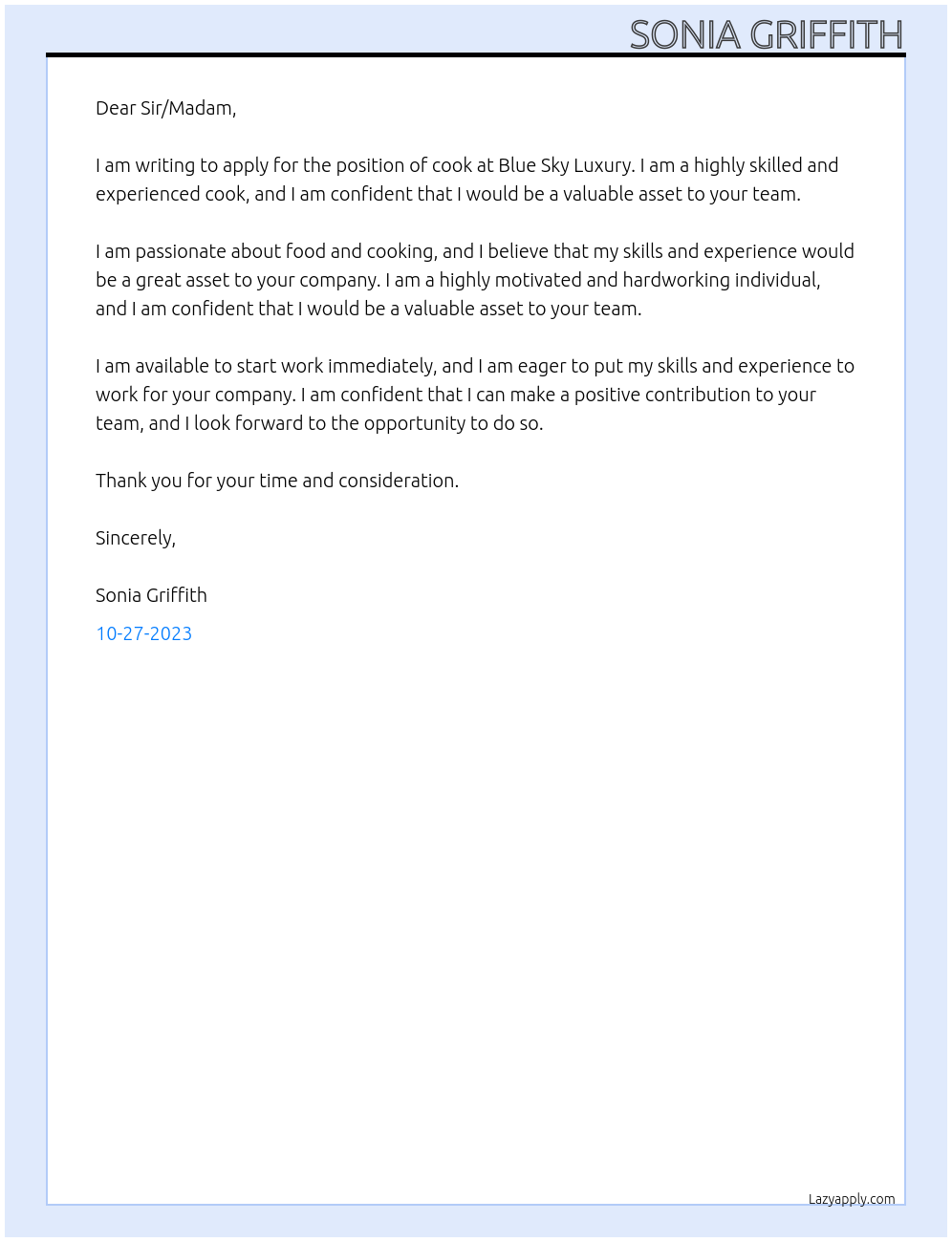 cook At Blue Sky Luxury, Suite 1, Newton, House Battaley , St. Peter, Barbados Cover Letter