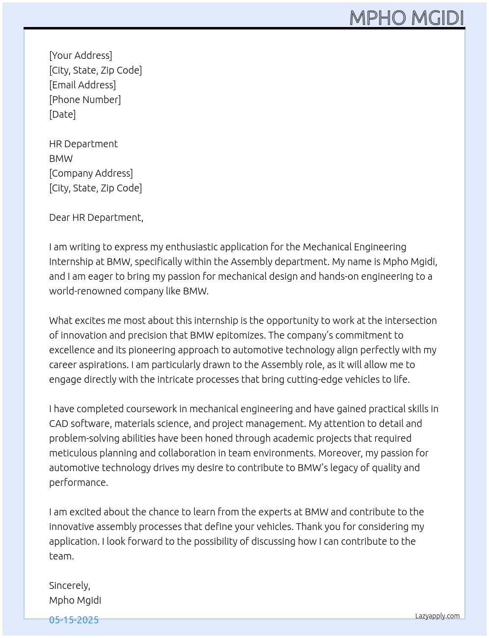 Mechanical e At Bmw Cover Letter