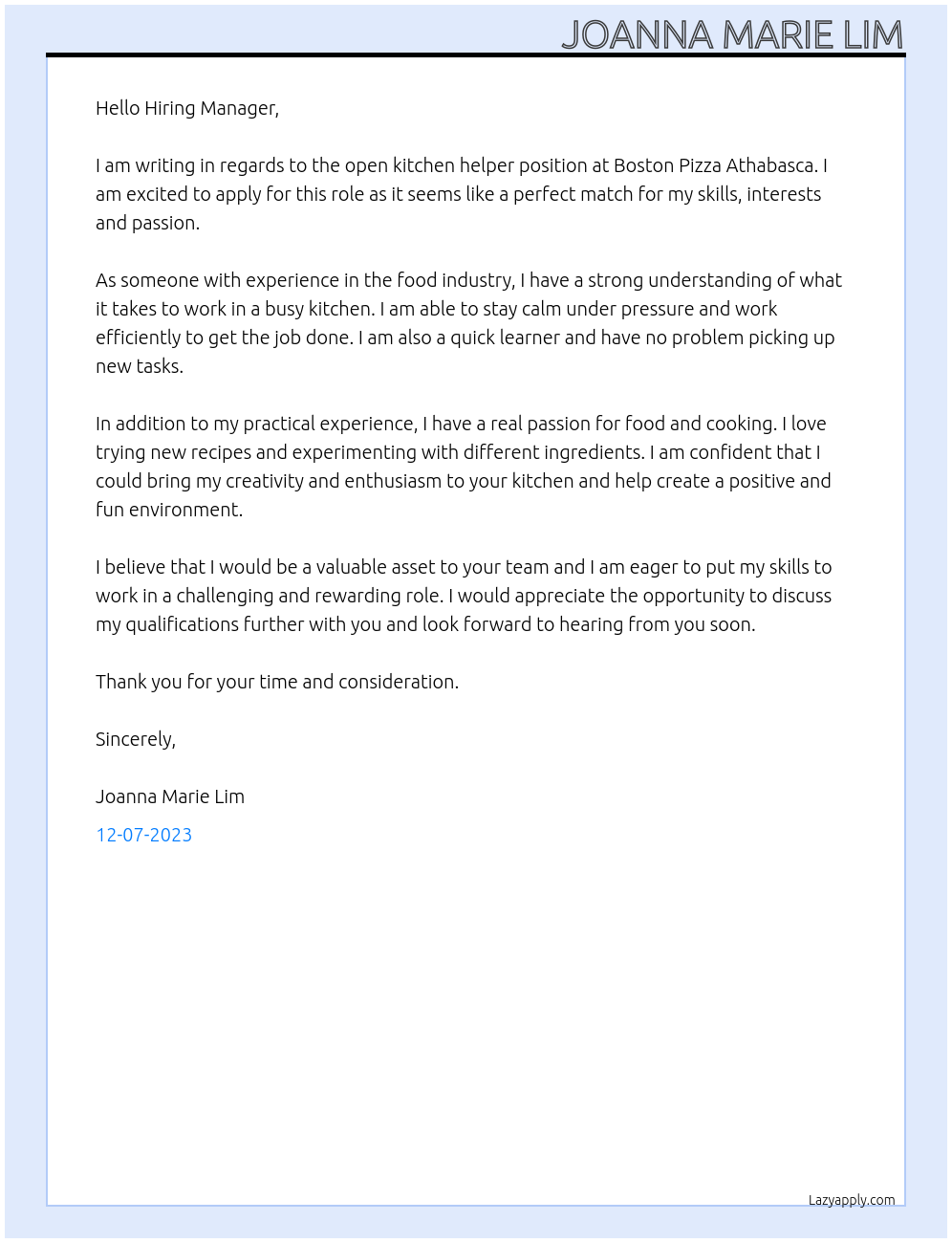 Kitchen helper At BOSTON PIZZA ATHABASCA Cover Letter