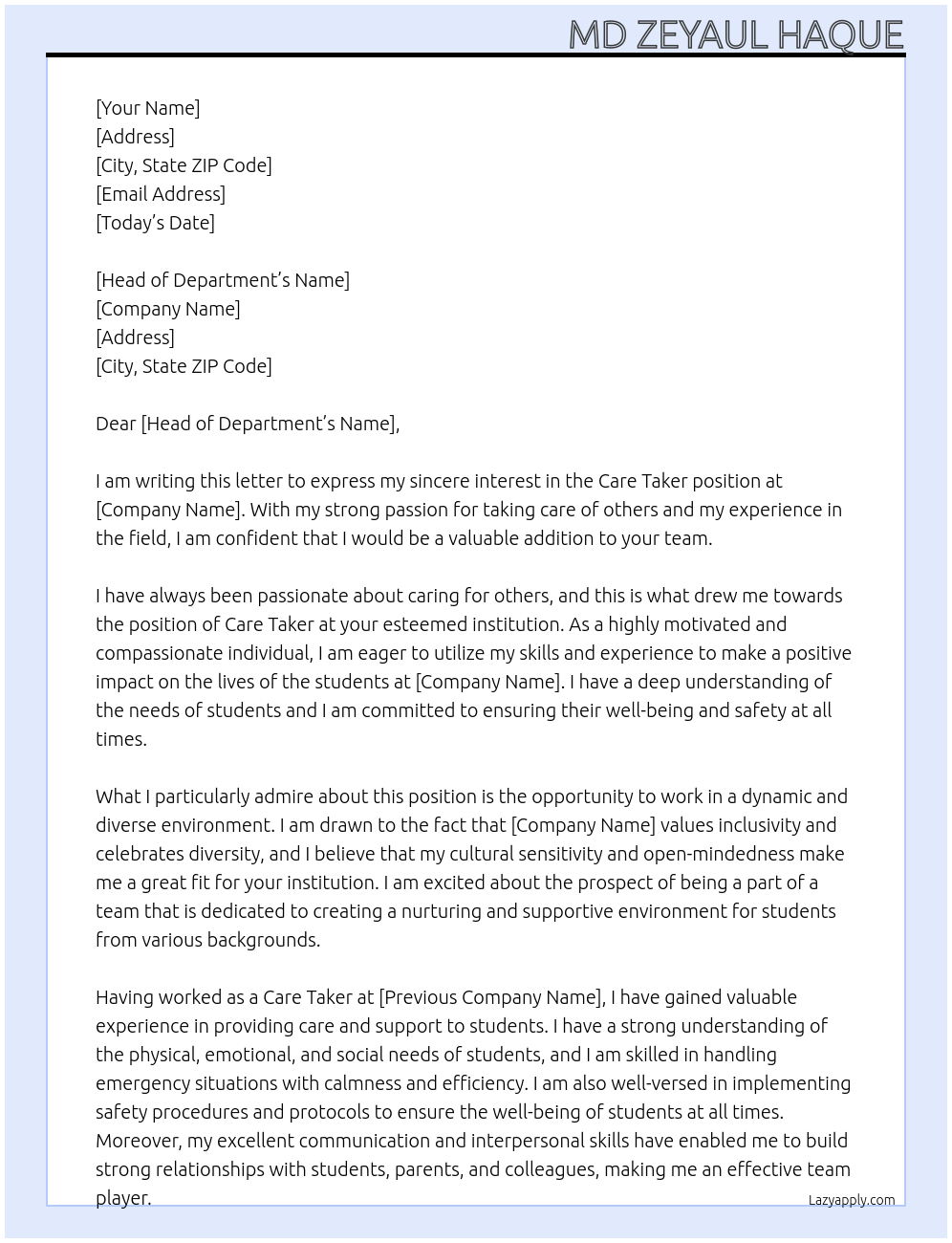 Care Taker At Educational Department  Cover Letter