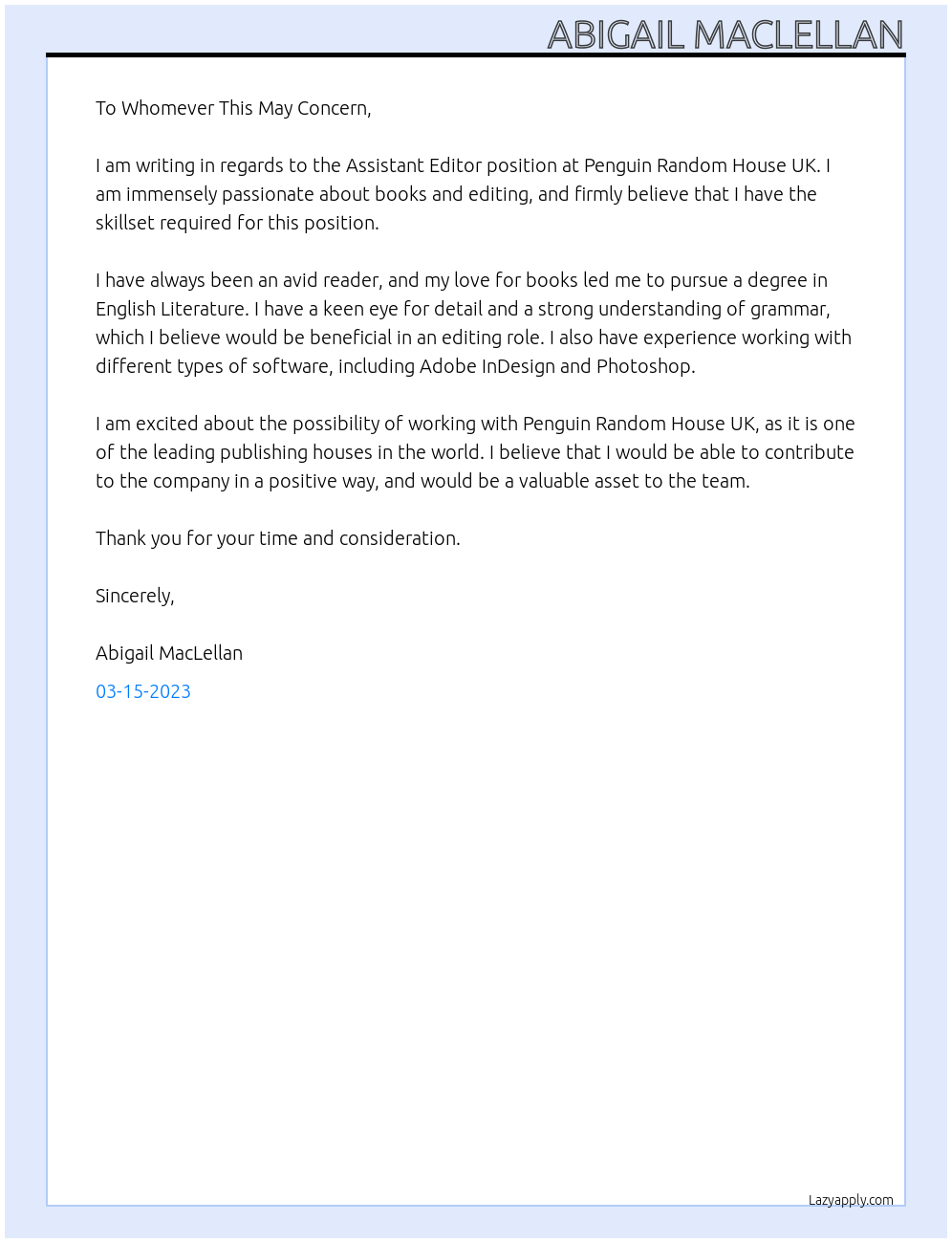 Assistant Editor At Penguin Random House UK Cover Letter