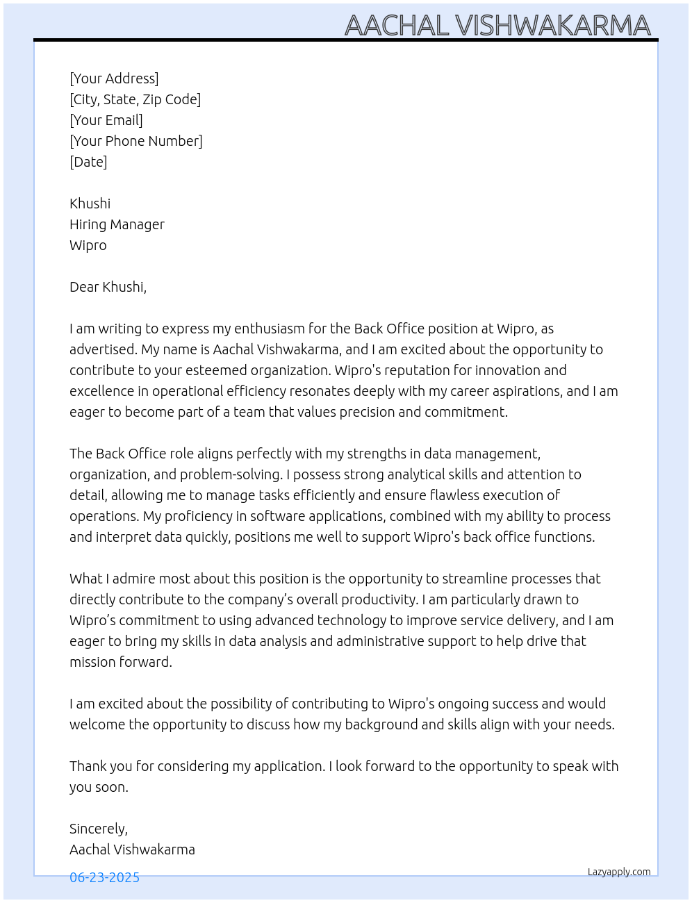 Back office At Wipro Cover Letter