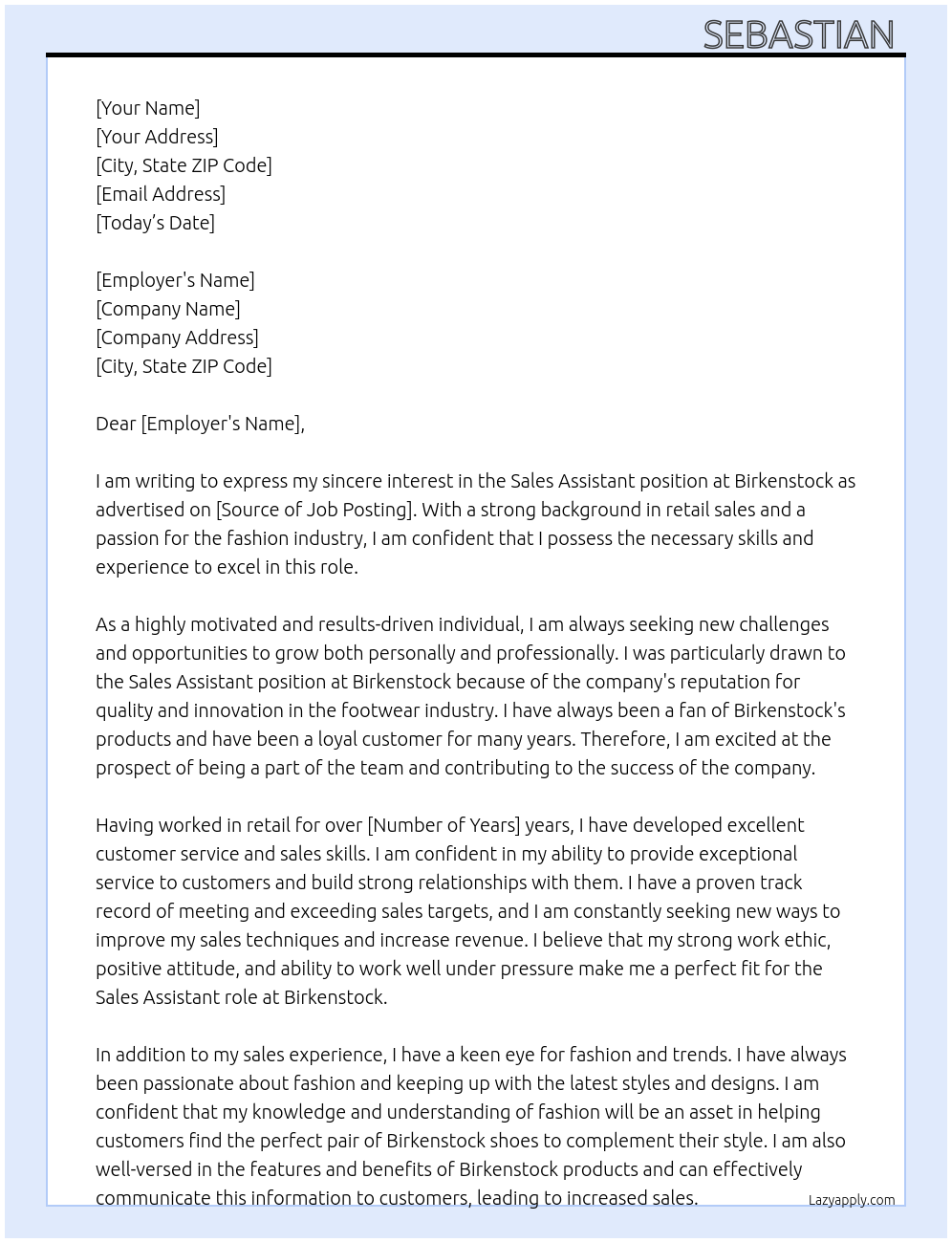 sales assistant At Birkenstock Cover Letter