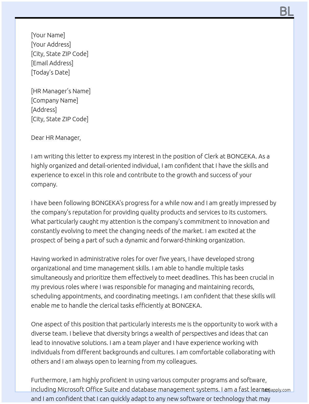 Clerk At BONGEKA Cover Letter