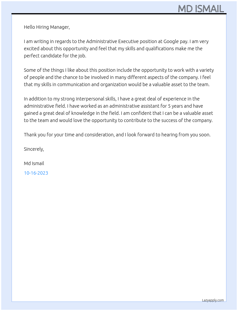 administrative Executive At Google pay Cover Letter