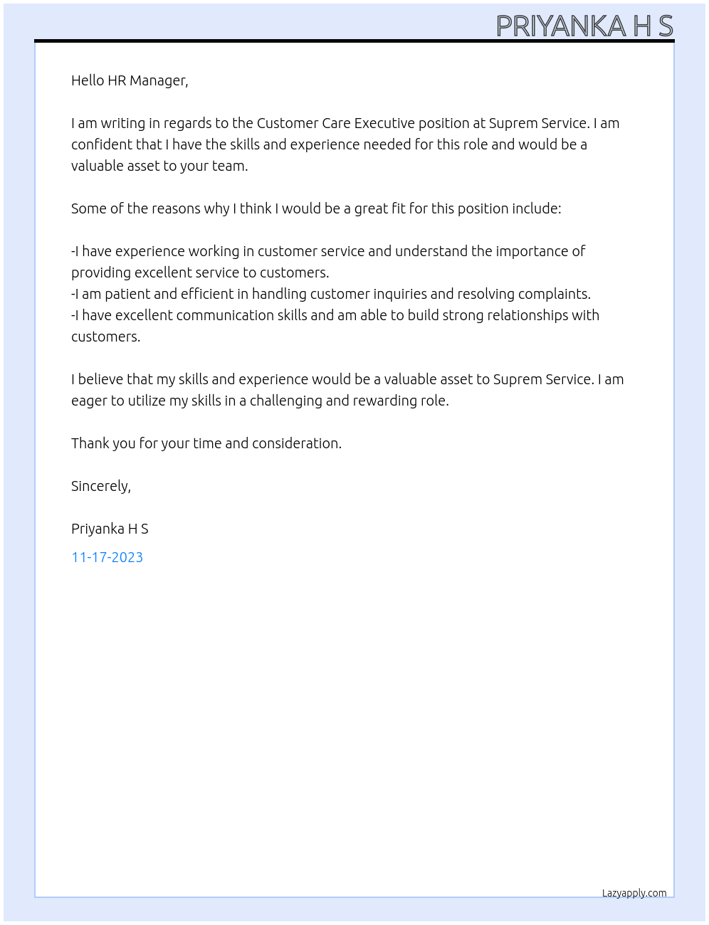 Customer care executive At Suprem service Cover Letter