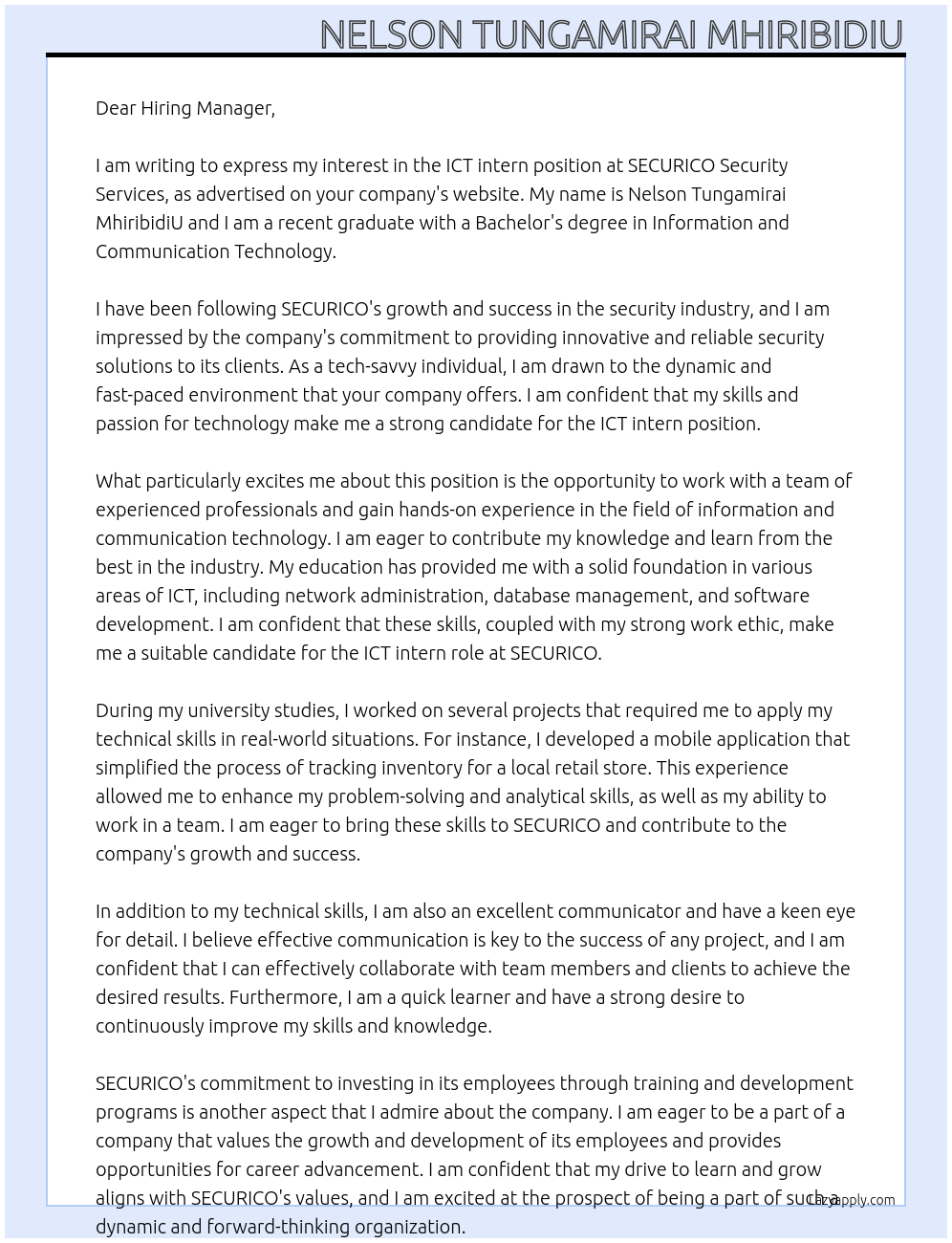ICT intern At SECURICO Security Services Cover Letter