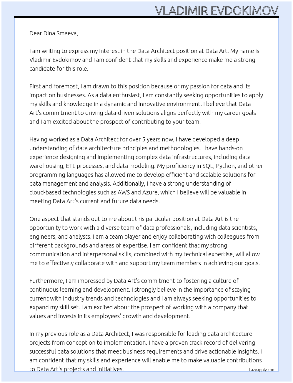 Data Architect At Data Art Cover Letter