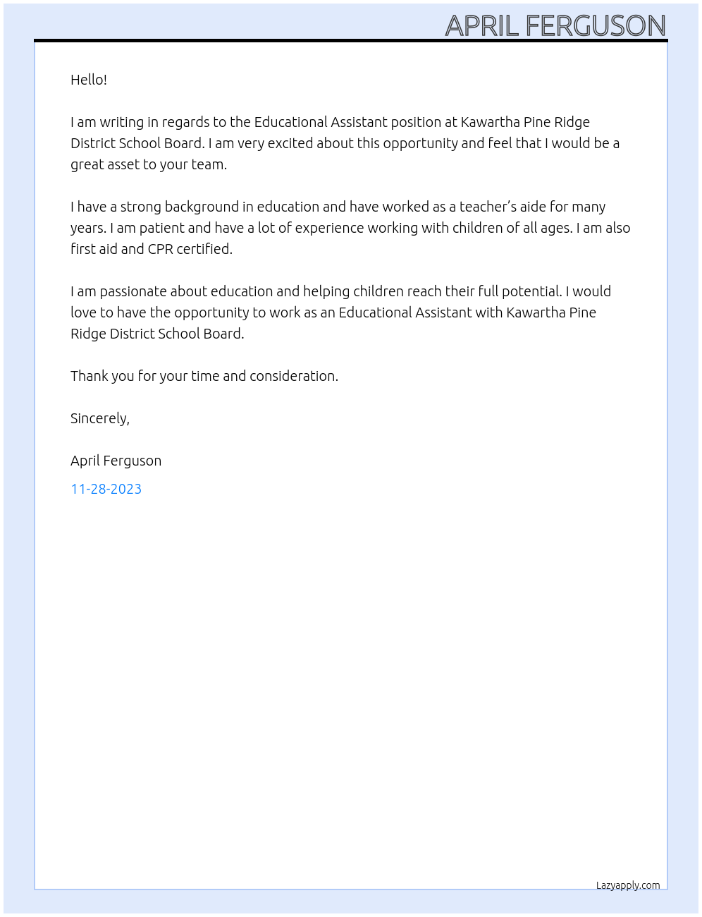 Educational Assistant At Kawartha Pine Ridge District School Board Cover Letter