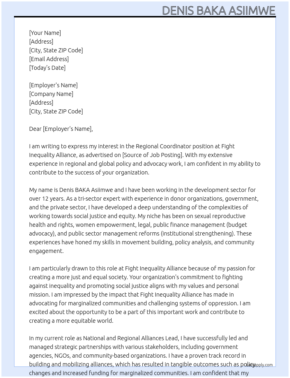 Regional Coordinator At Fight Inequality Alliance Cover Letter