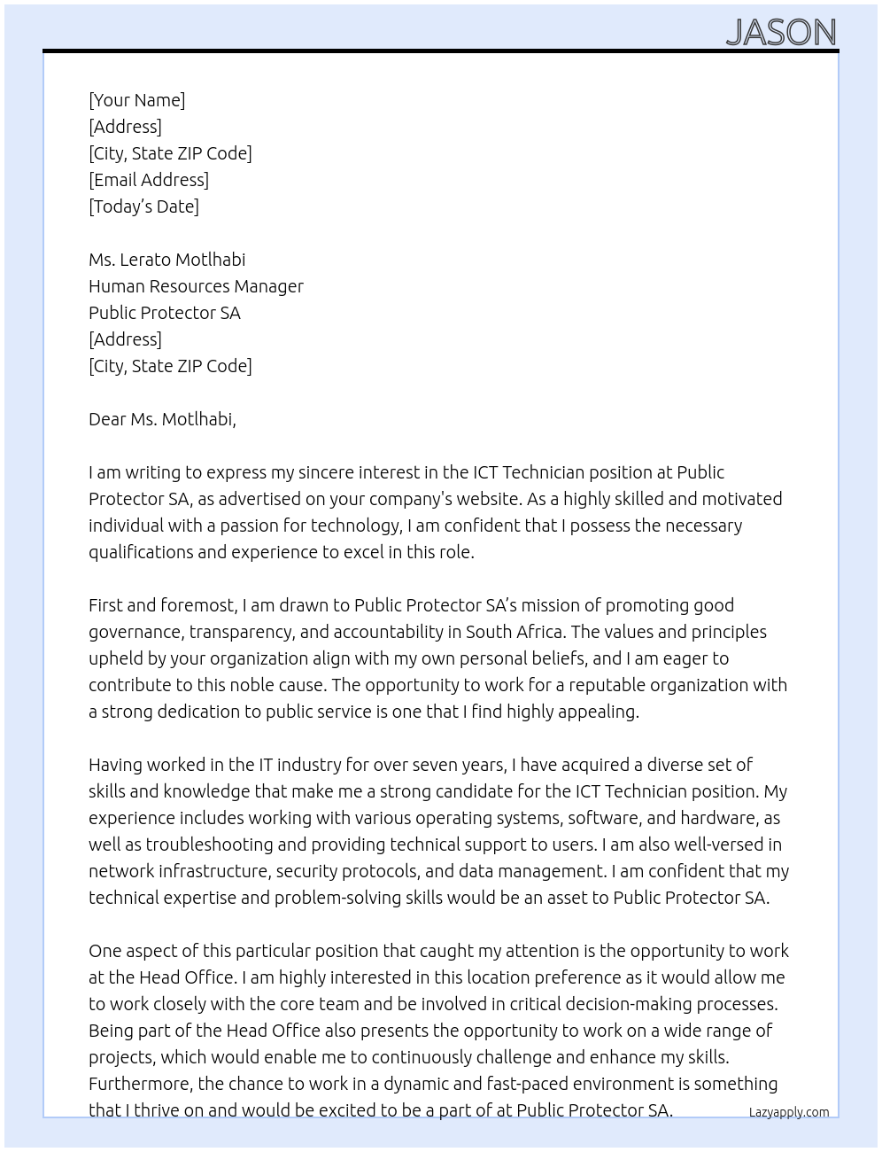 ICT Technician At Public Protector SA Cover Letter