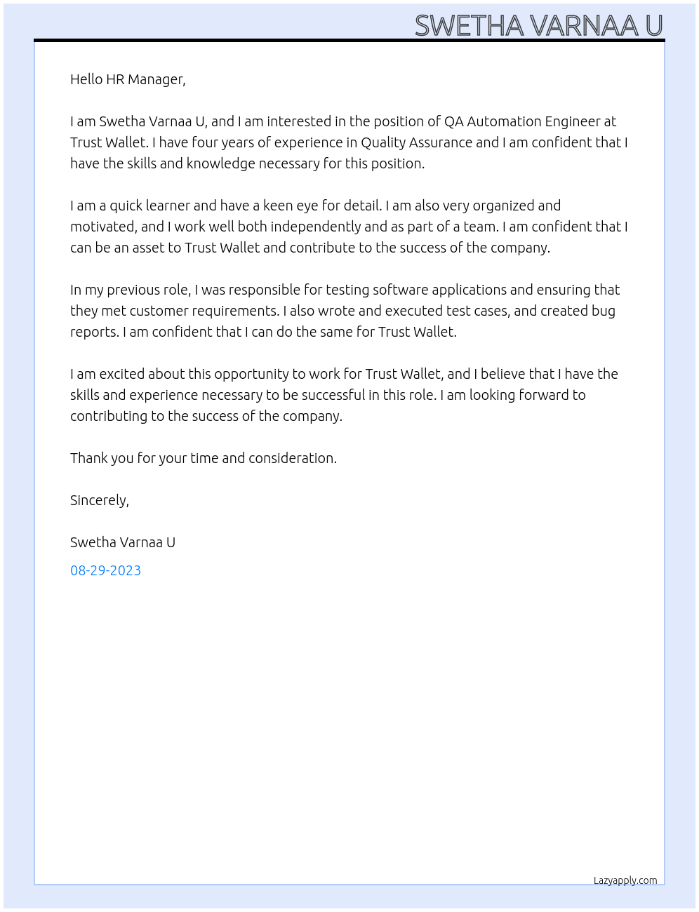 QA Automation Engineer At Trust Wallet Cover Letter