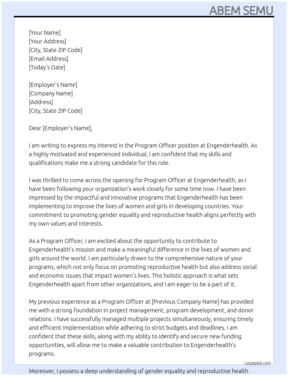 Program Officer At Engenderhealth Cover Letter