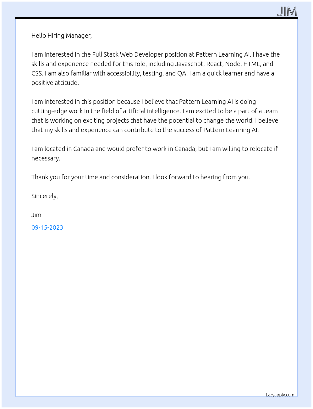 Full Stack Web Developer At Pattern Learning AI Cover Letter