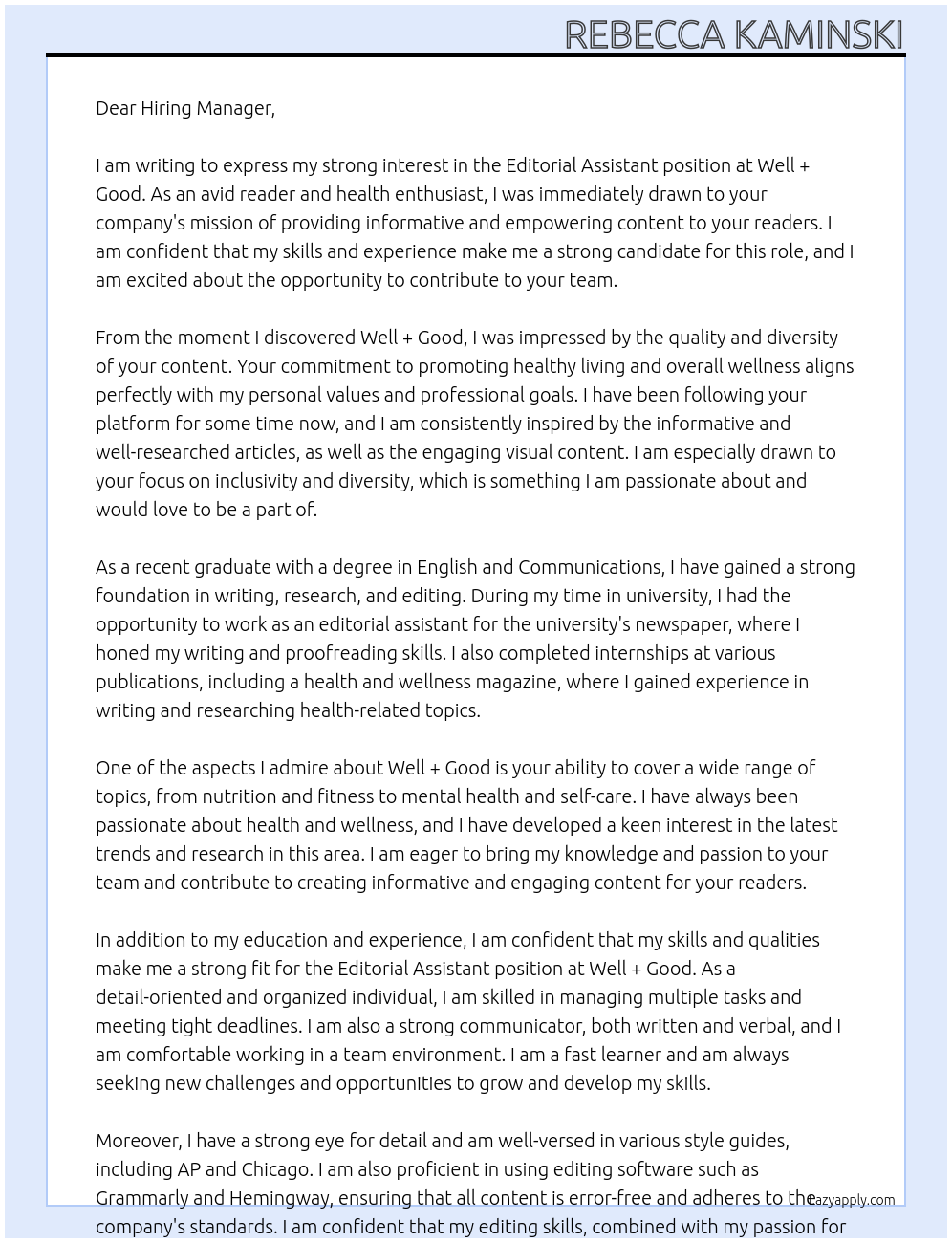 Editorial Assistant At Well + Good Cover Letter