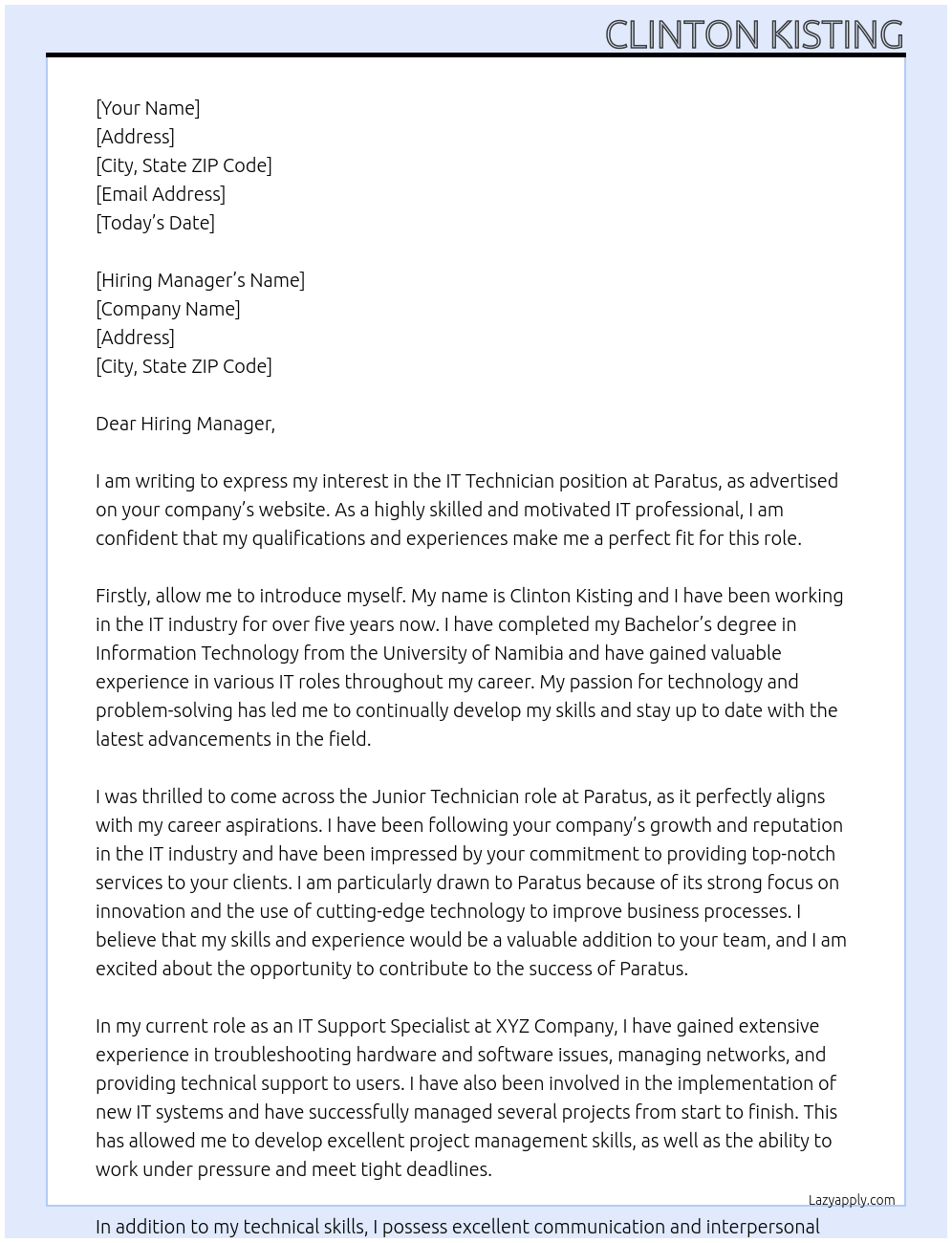 IT Technician At Paratus Cover Letter