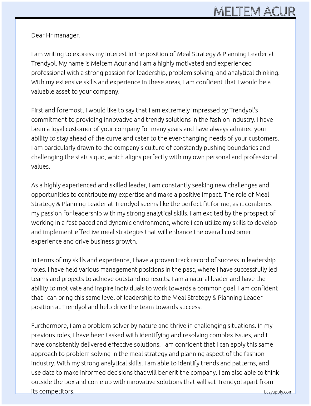 Meal Strategy & Planning Leaders At Trendyol Cover Letter