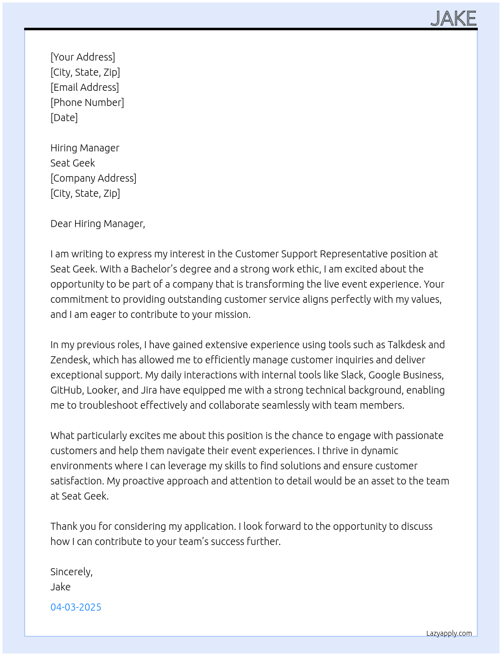 Customer Support Representative At Seat Geek Cover Letter