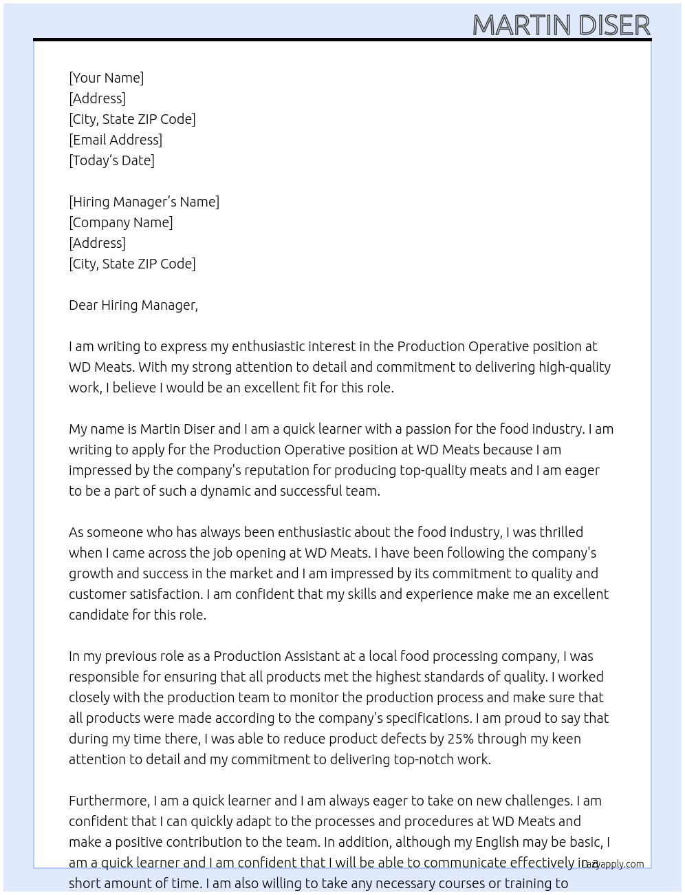 Production Operative At WD Meats Cover Letter