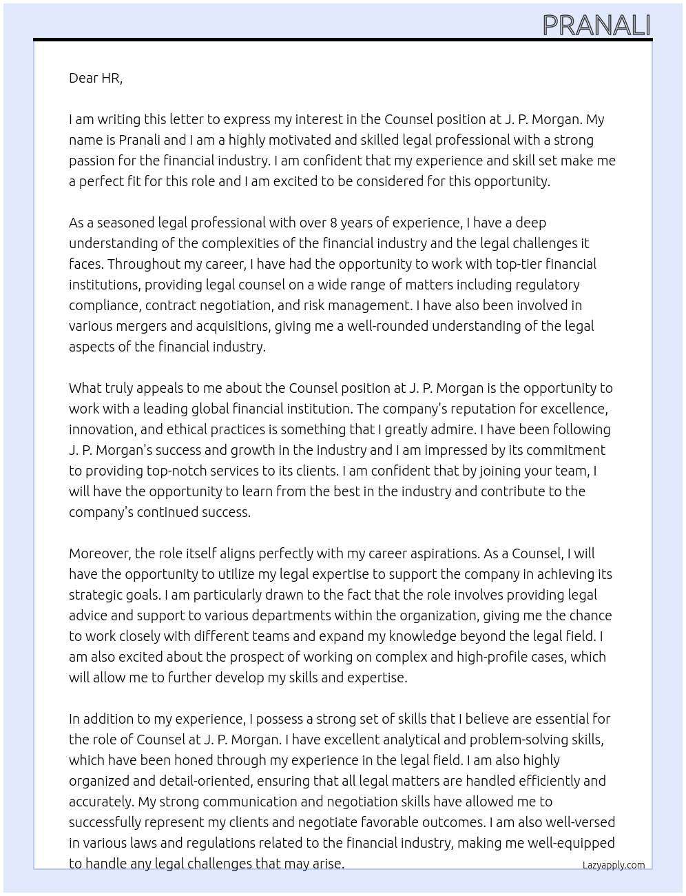 Counsel At J. P. Morgan Cover Letter