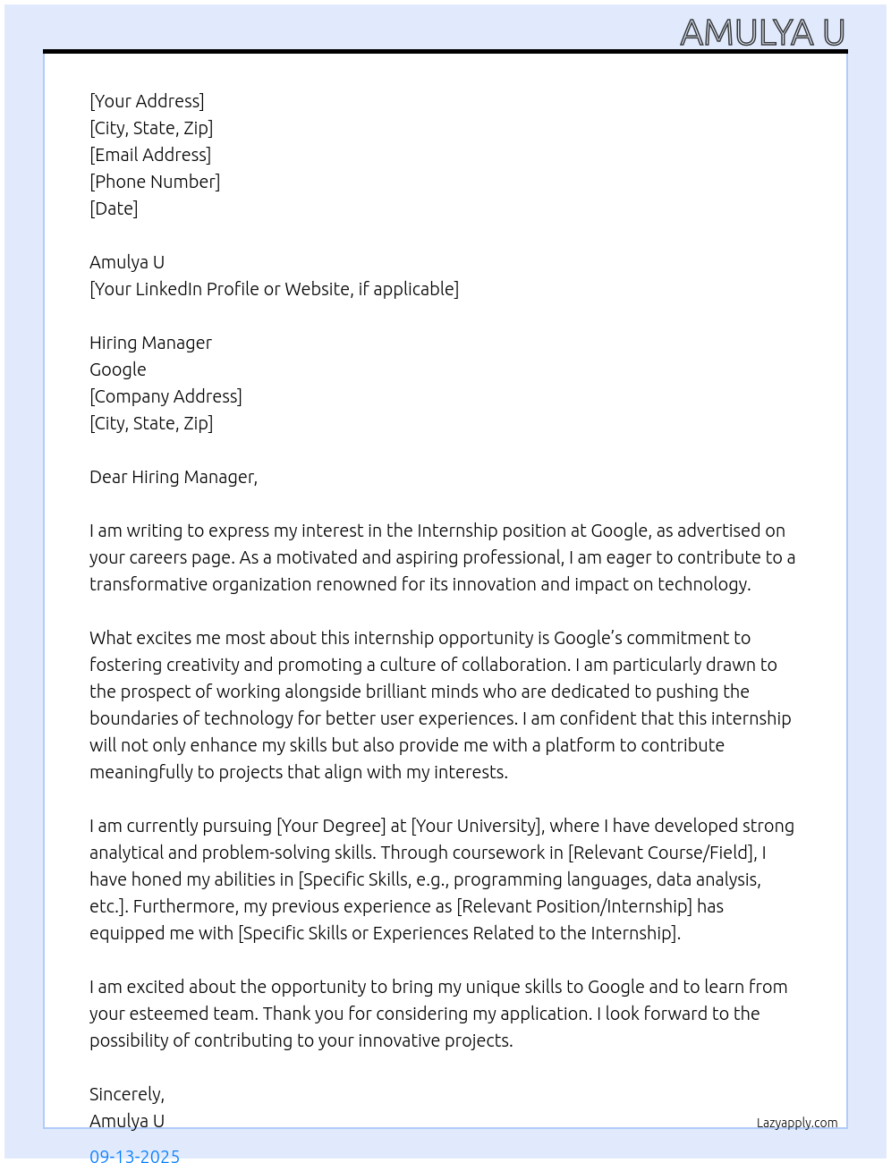 Internship At Google Cover Letter