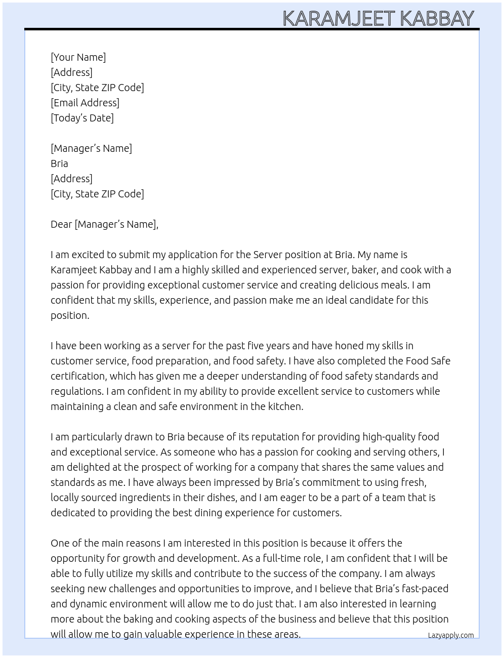 Server At Bria Cover Letter