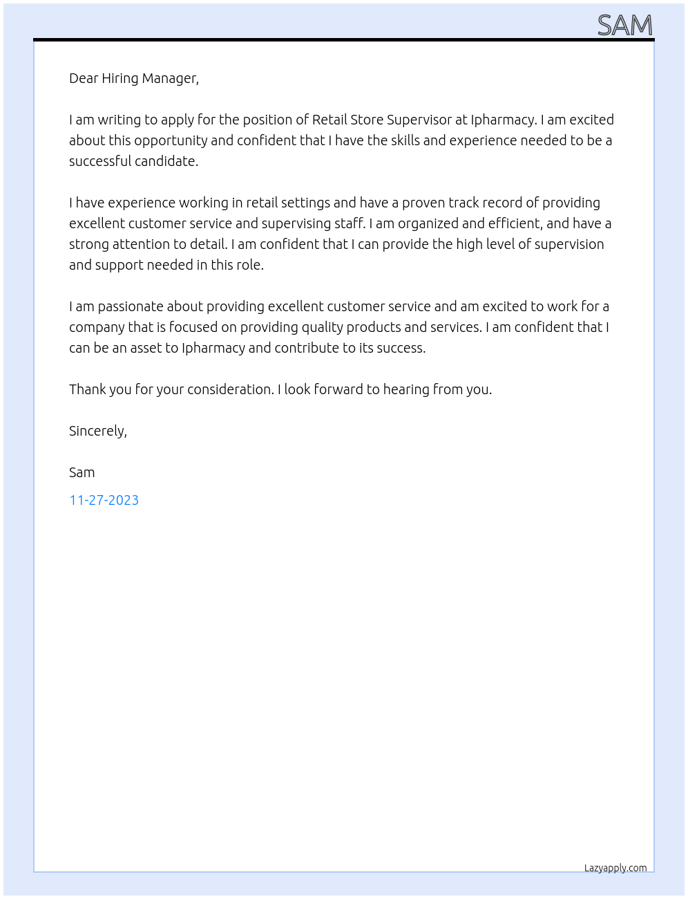 Retail store Supervisor  At Ipharmacy Cover Letter