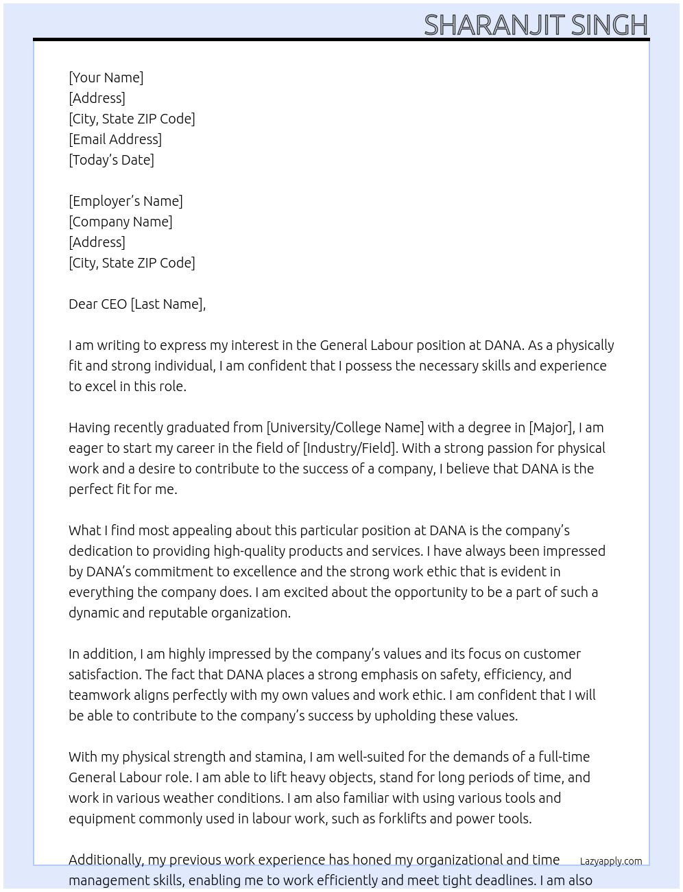 General labour At DANA Cover Letter
