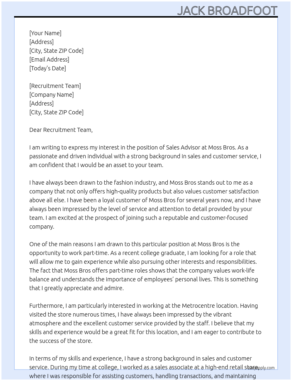 Sales Advisor At Moss Bros Cover Letter