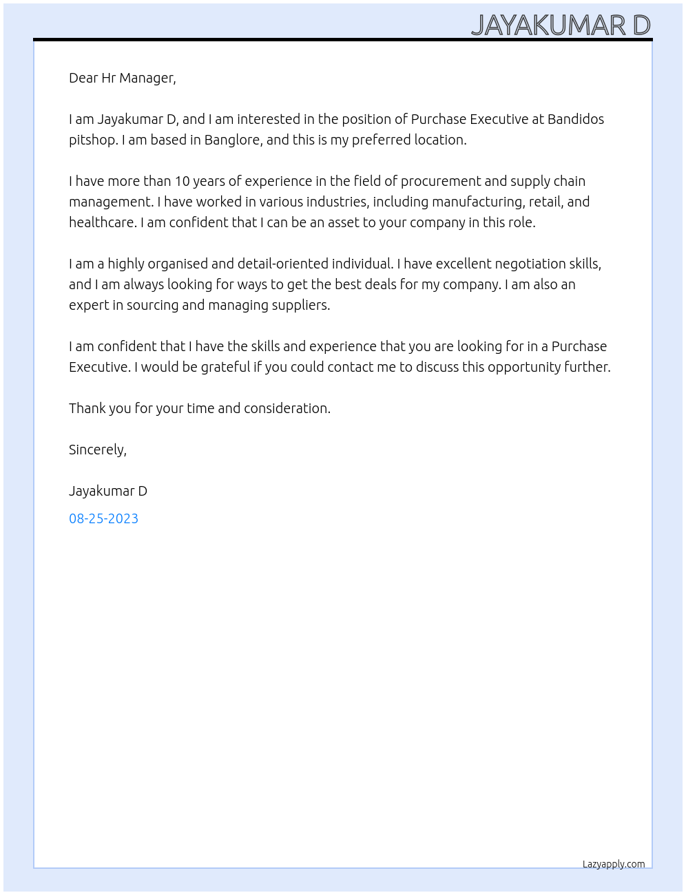 Purchase Executive At Bandidos pitshop Cover Letter