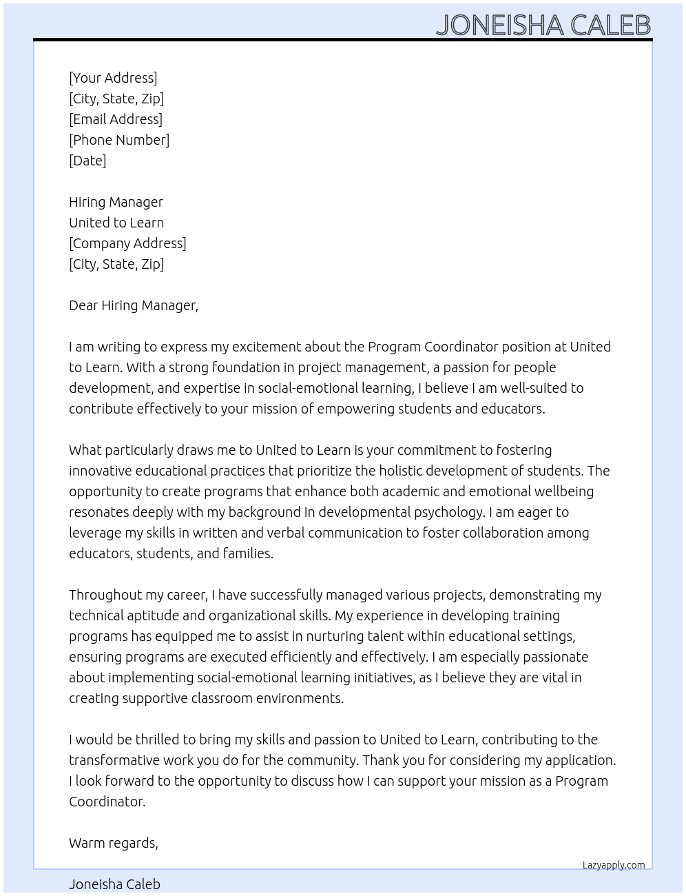 Program Coordinator At United to Learn Cover Letter