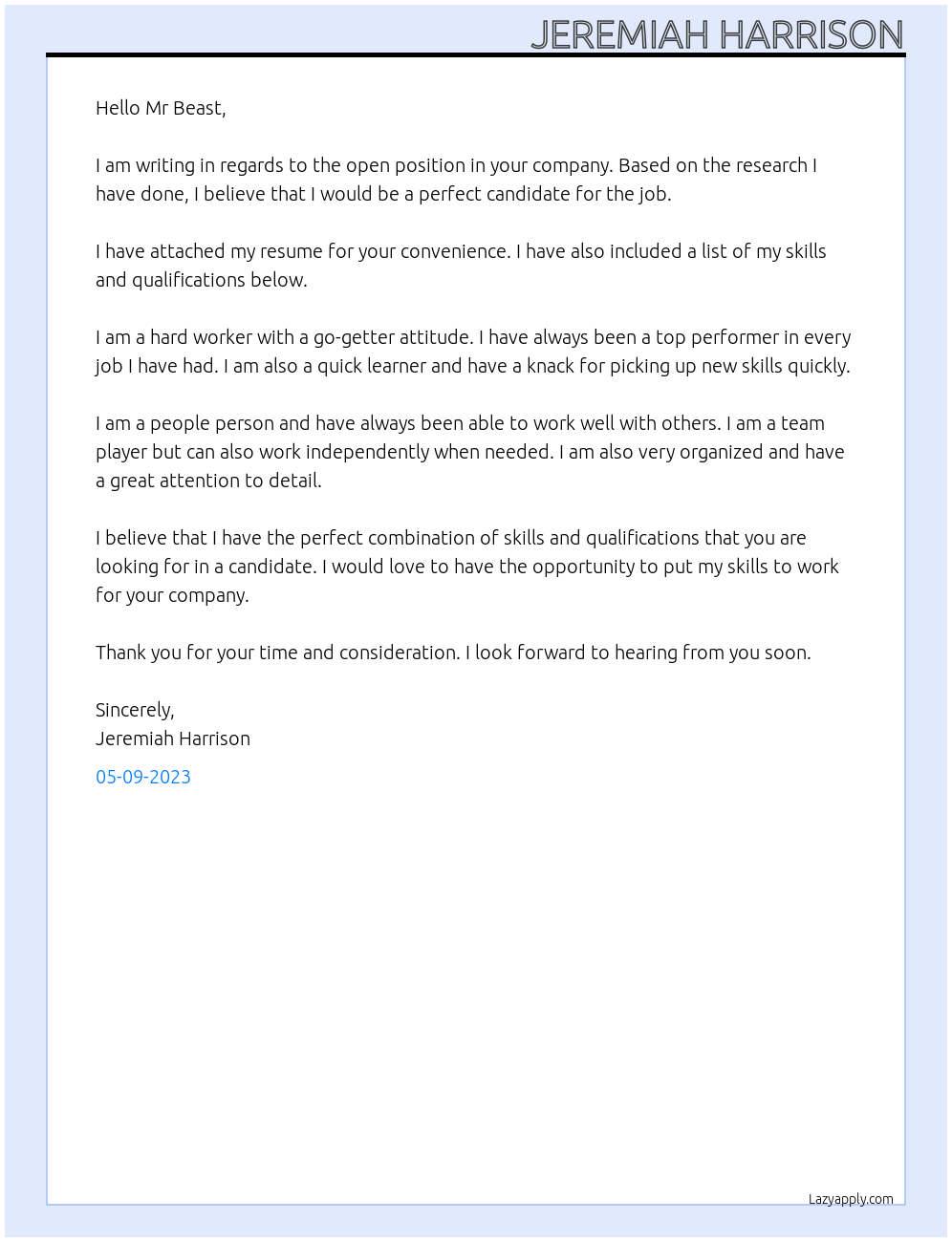 Open application  At Mr Beast  Cover Letter