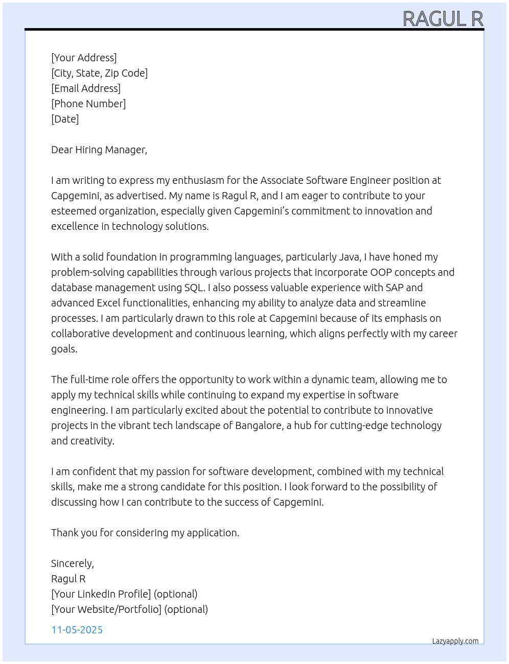 Associate software engineer At capgemini Cover Letter