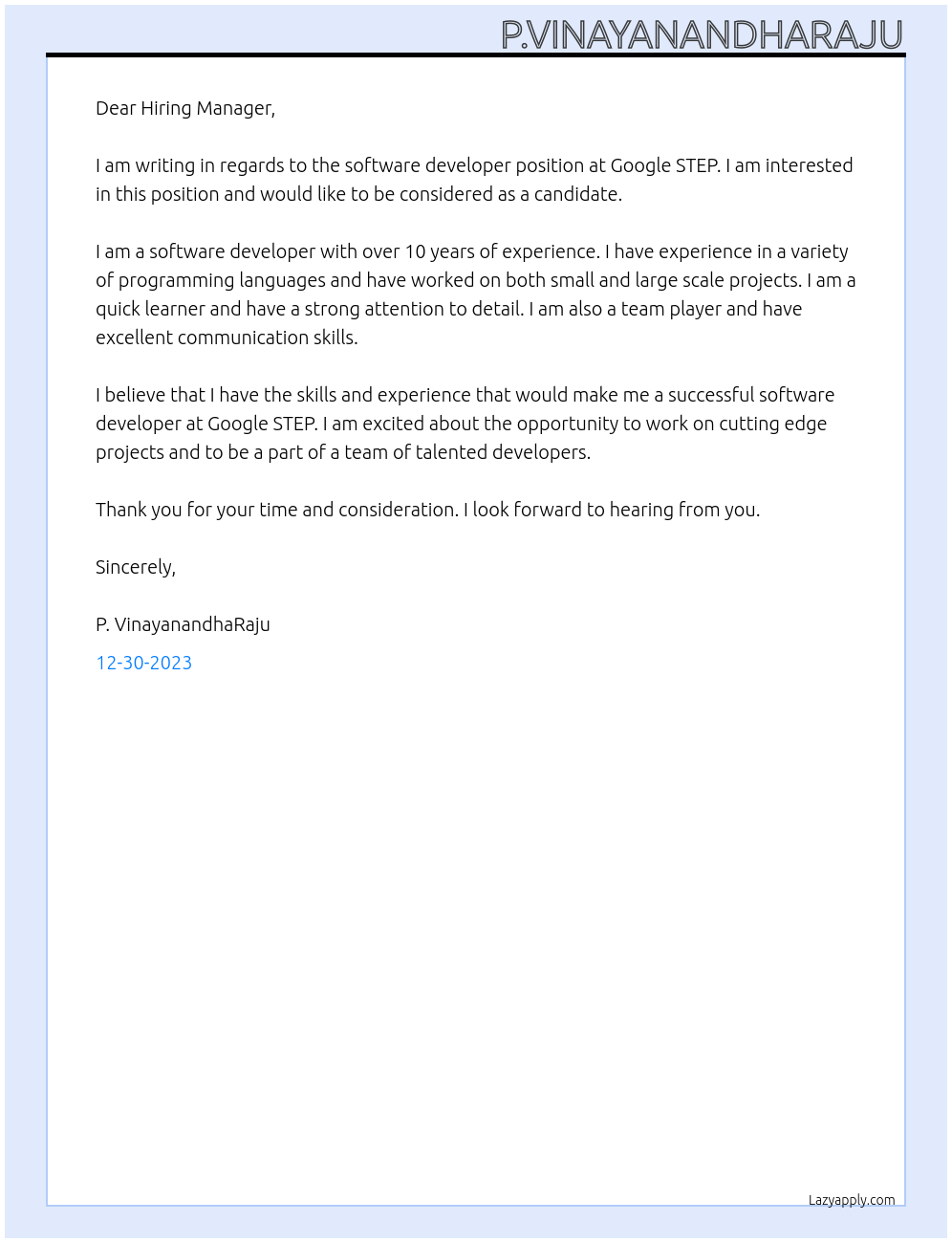 software devloper At Google STEP Cover Letter