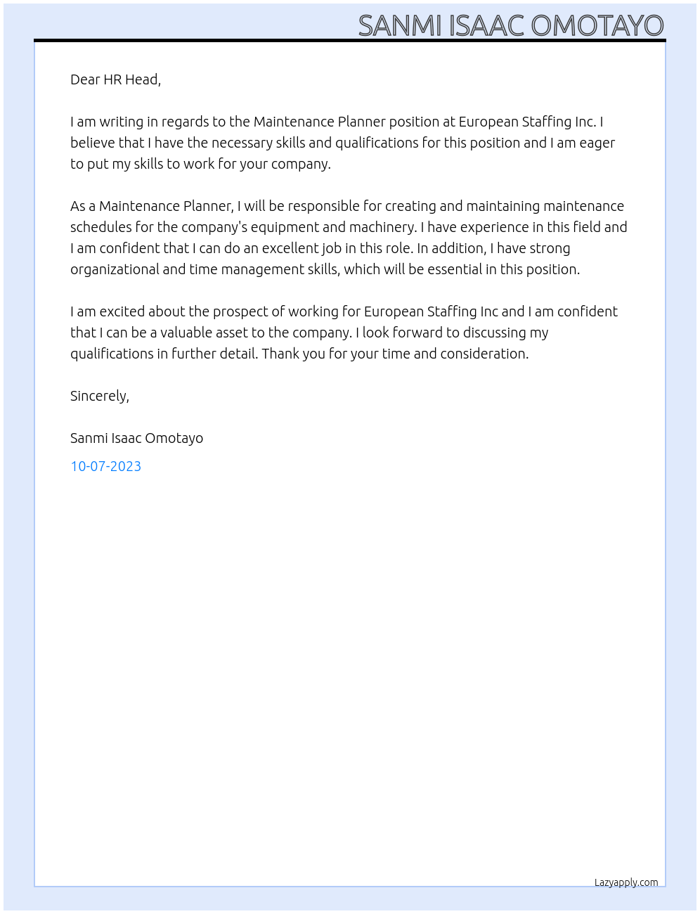 Maintenance Planner At European Staffing Inc Cover Letter