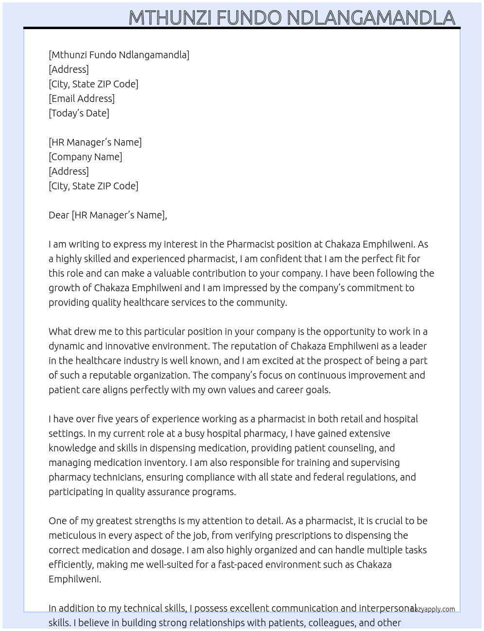 Pharmacist At Chakaza Emphilweni Cover Letter