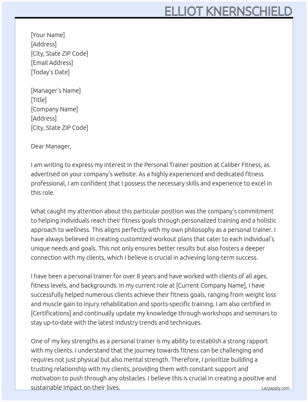 Personal trainer At Caliber Fitness Cover Letter