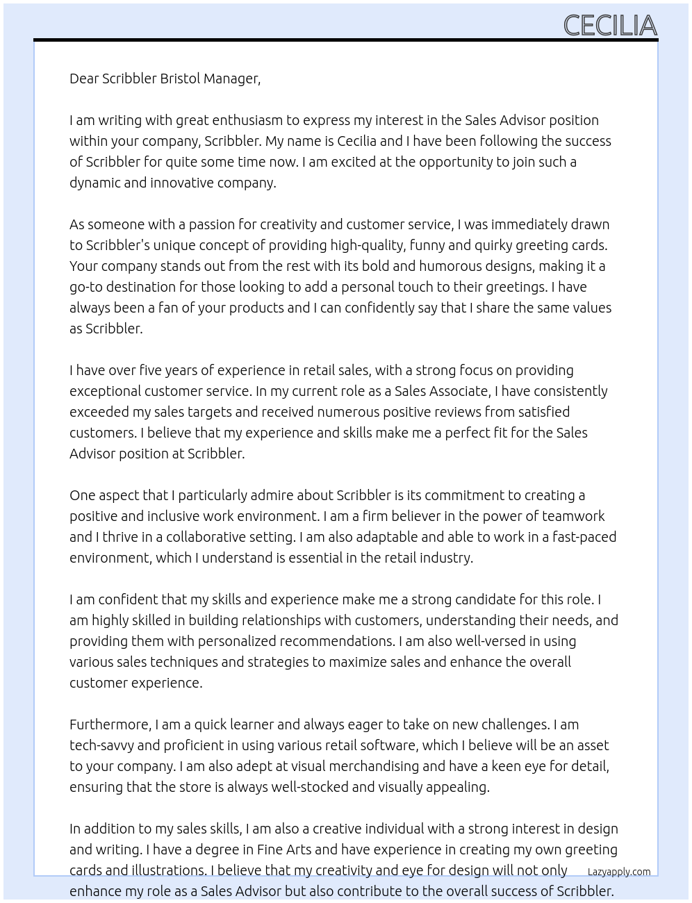 Sales Advisor At Scribbler Cover Letter