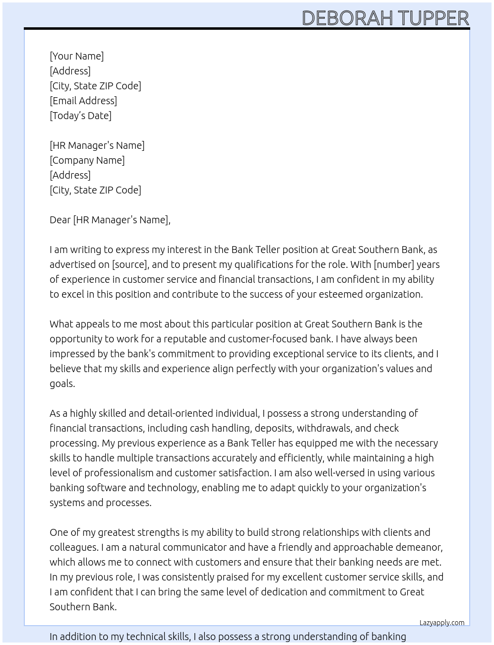 Bank Teller At Great Southern Bank Cover Letter