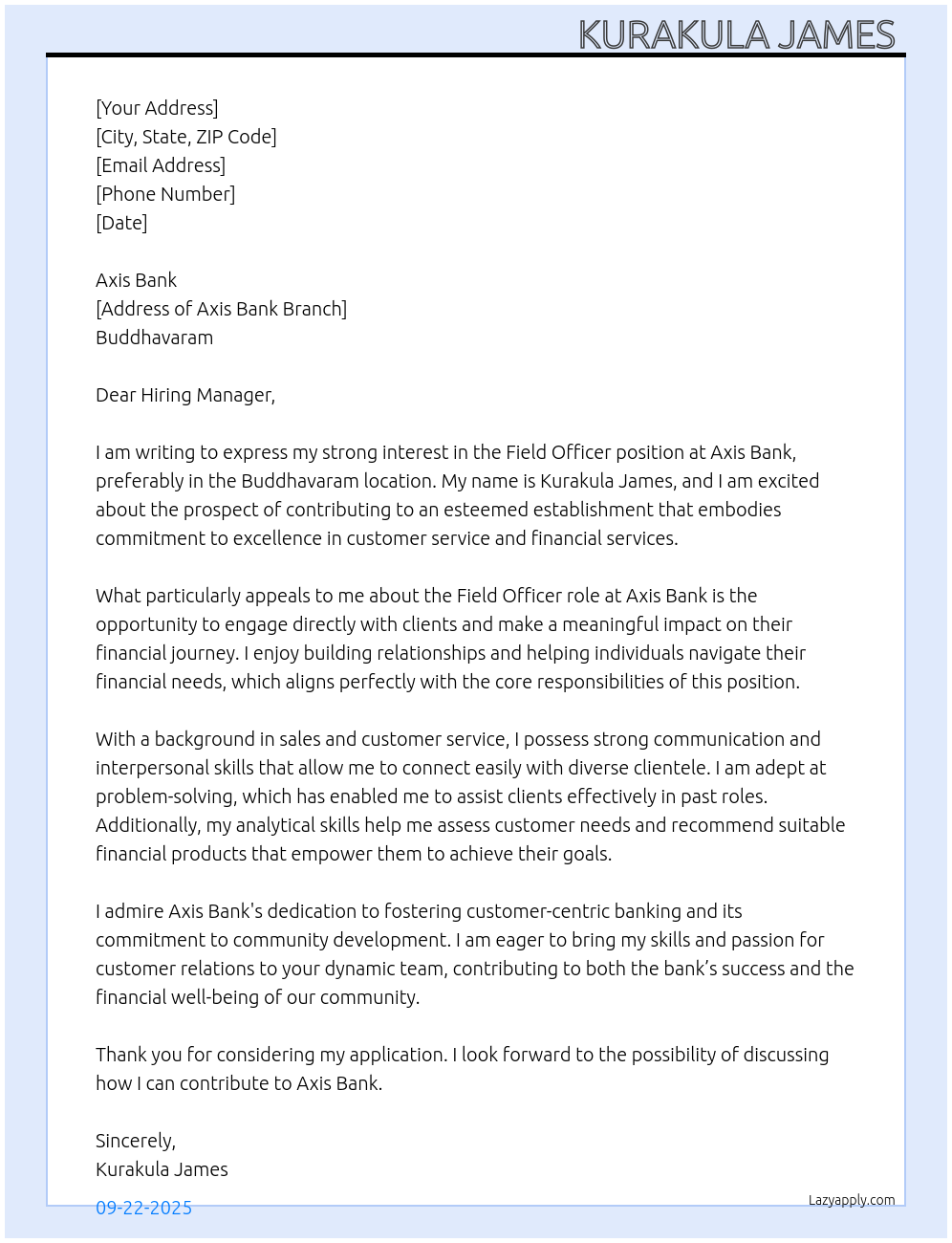 Field officer At Axis Bank Cover Letter