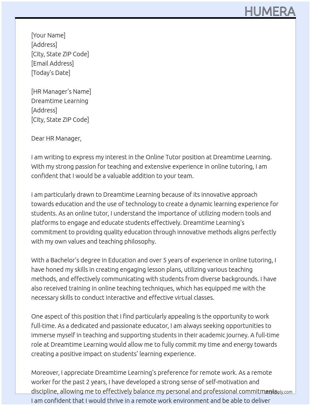 Online Tutor At Dreamtime Learning Cover Letter